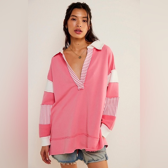 We The Free People Clean Prep Nautical Striped Collared Pullover Sweatshirt | L - Picture 2 of 12